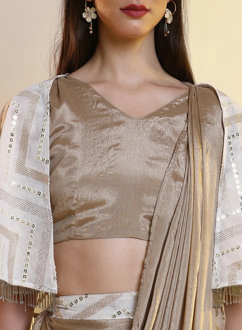 Qissa  Women's French Beige Bijou Cape Pre-Draped Saree For Casual Wear | V-Neck | Cape Sleeves | 1 Piece Pre-Draped Saree Designed With Comfort Fit For Everyday Ethnic Wear for Women | Best Price UAE